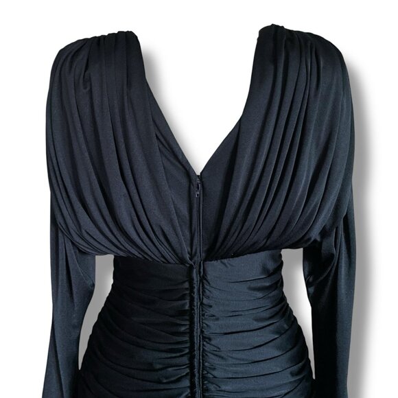 Vintage 1980s Claraluna Originals Dress Sz Small Black Coffin Pleat Vamp Disco - Picture 10 of 13